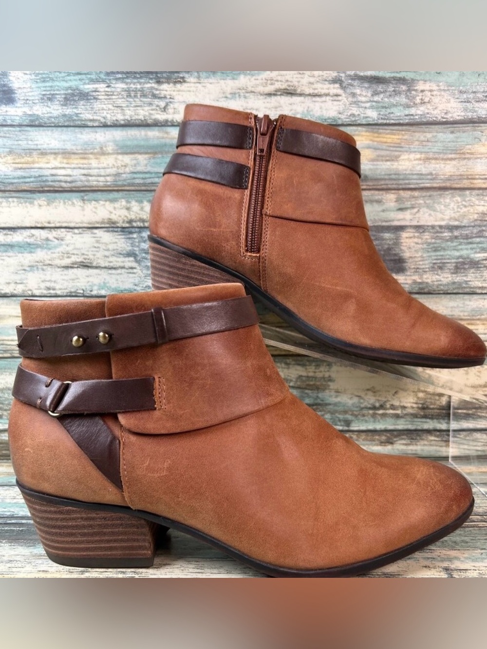 Clarks Harness Boot Womens Sz 7M Spye Comet Brown Leather Ankle Zip Up Moto Boho